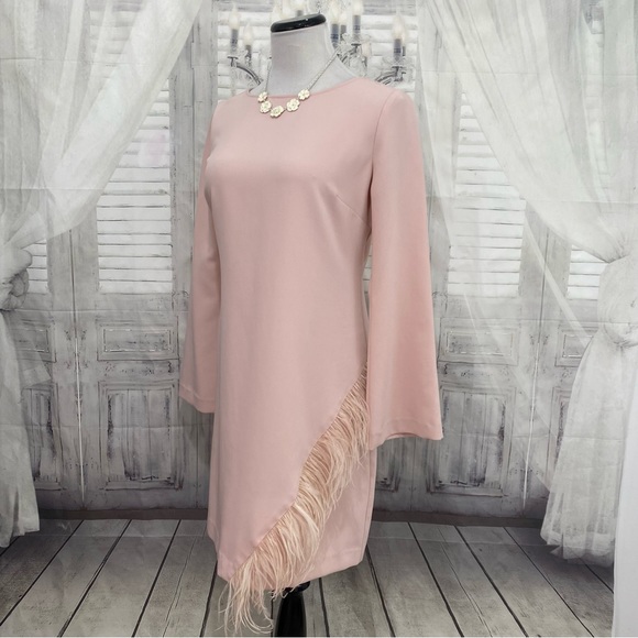 Laundry by Shelli Segal Size 6 Crepe Shift Feather Detail Solid Pink Long Sleeve - Picture 5 of 14